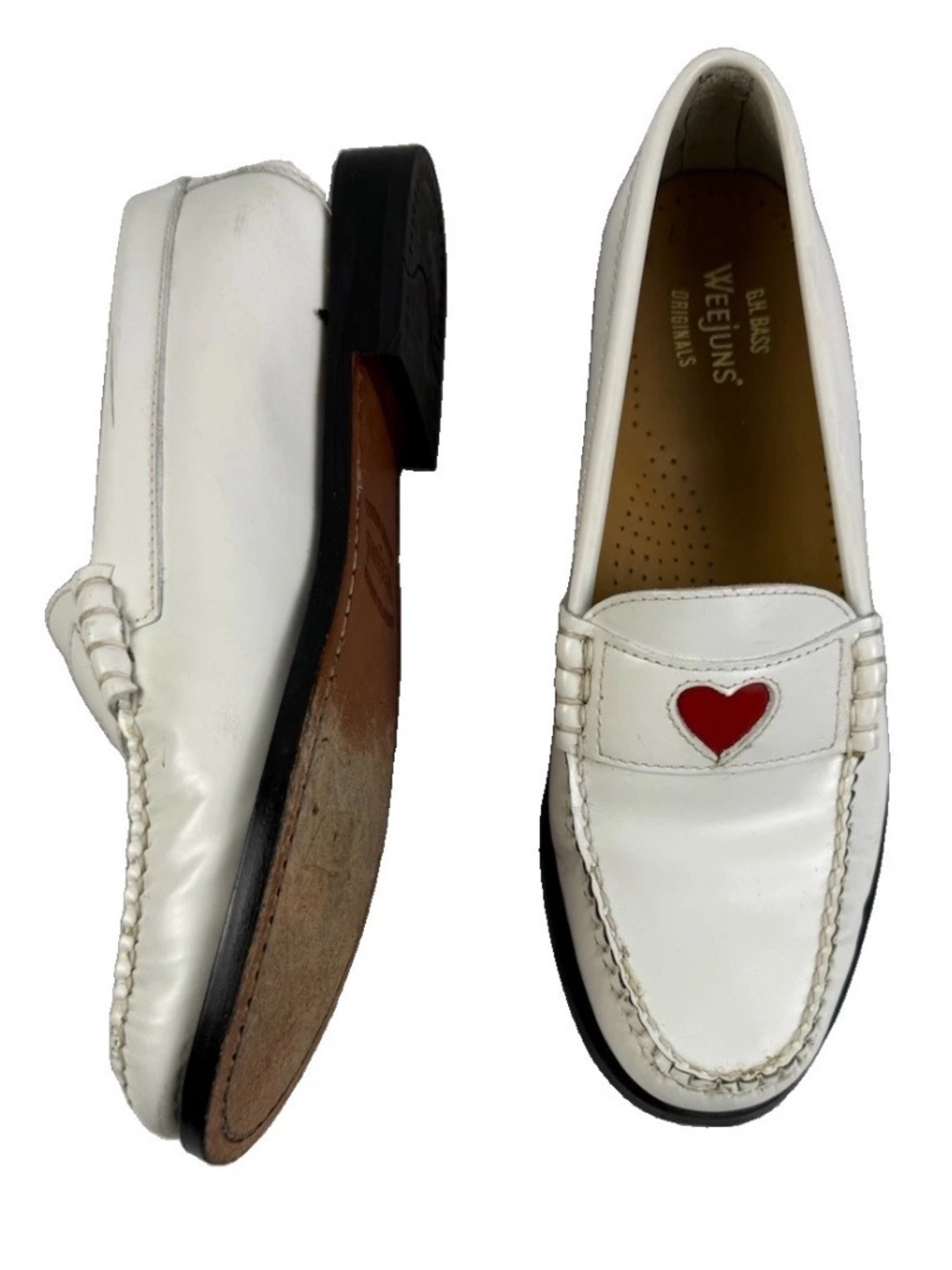 Bass & Co Weejuns Whitney Love White Leather Red Heart Loafers 7.5 M G.H. EUC